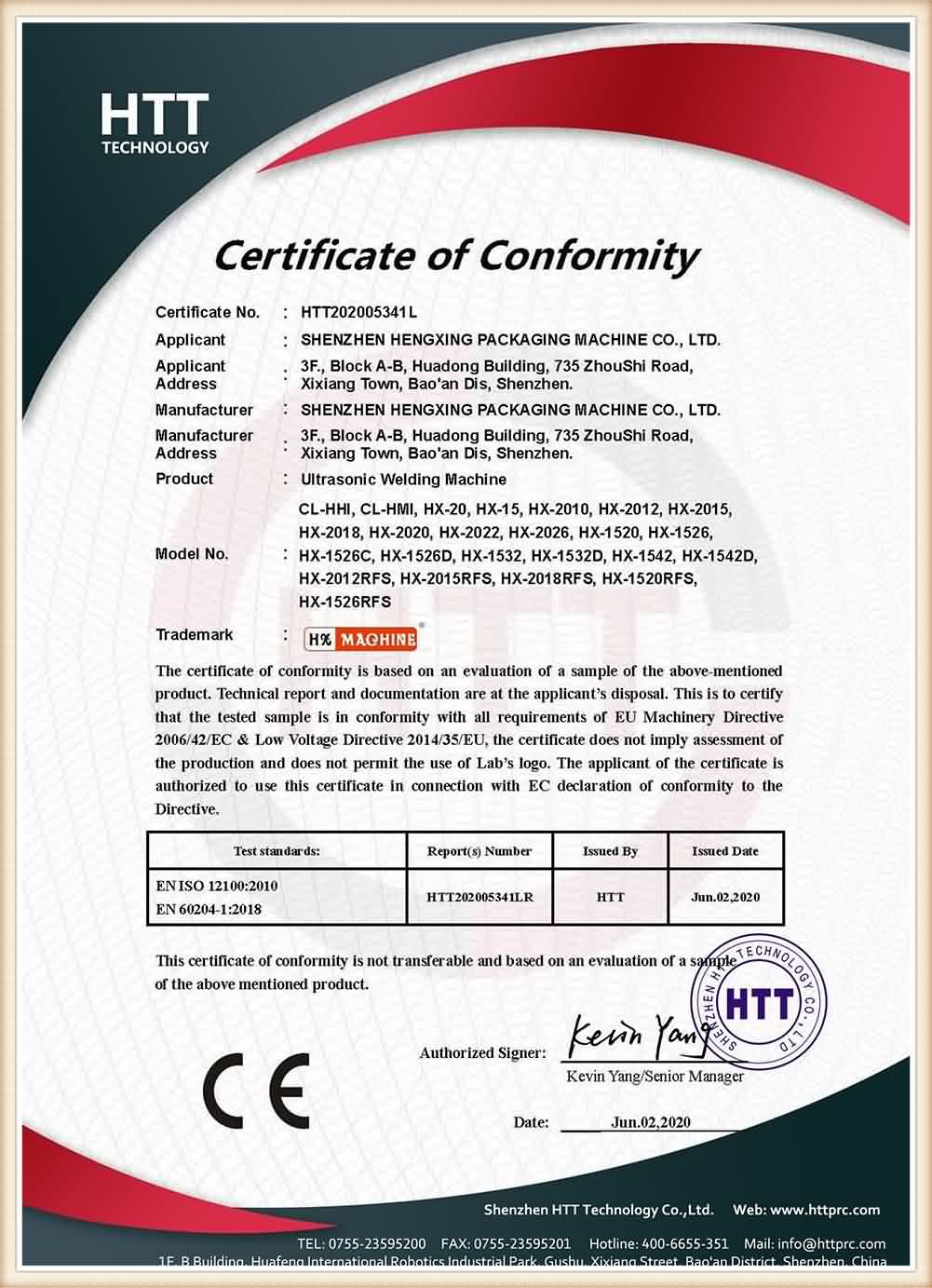Certificate of Conformity-Ultrasonic Welding Machine